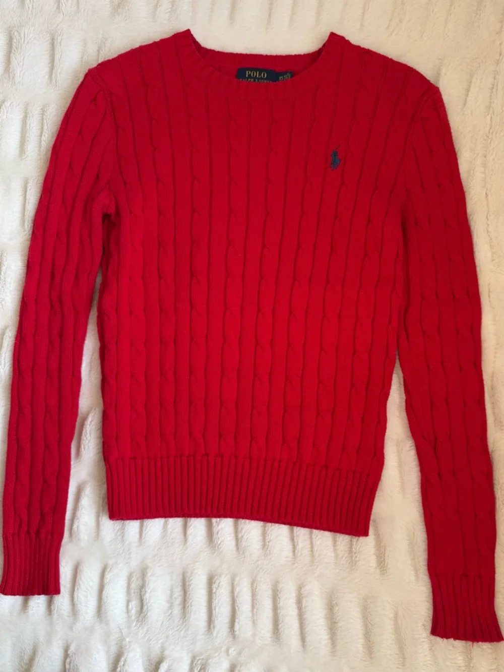 Polo by Ralph Lauren Red Cable Knit Crewneck Sweater with Navy Pony - Picture 2 of 5